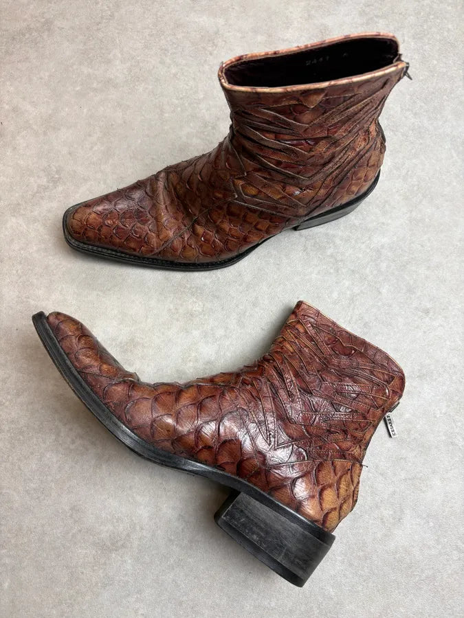 1990s Cesare Paciotti 4US Brown Leather Python Embossed Boots PocevDG 4