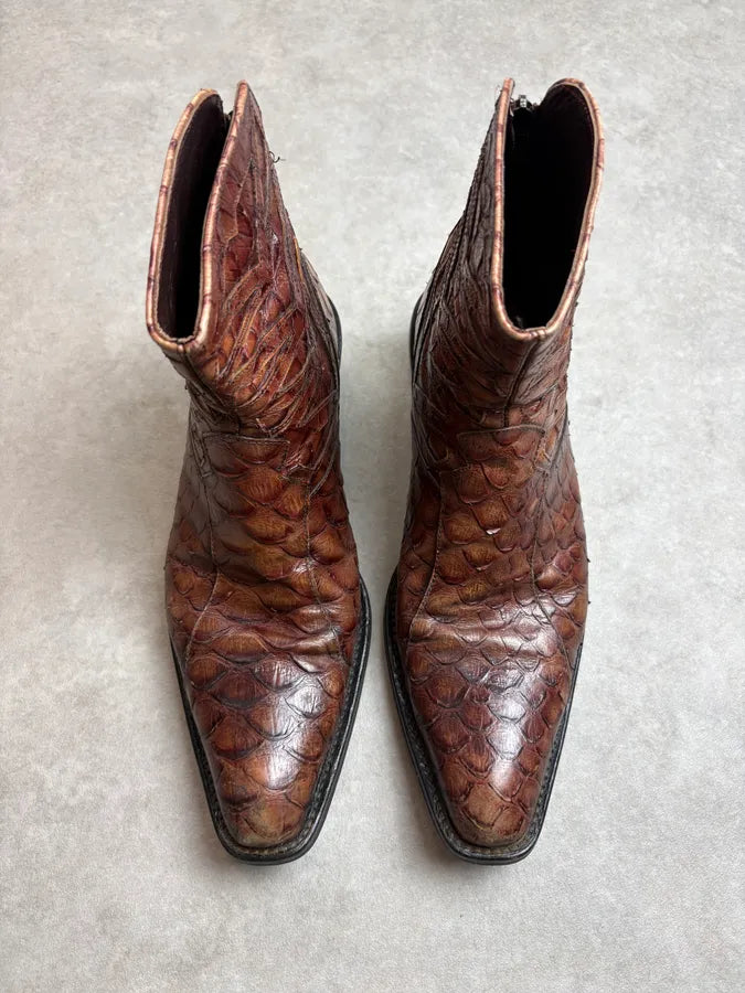 1990s Cesare Paciotti 4US Brown Leather Python Embossed Boots PocevDG 1