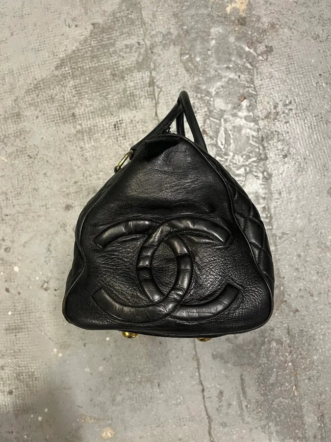1990s Chanel Black Leather Bowling Quilted Handle Bag (OS) sXiBpfH 5