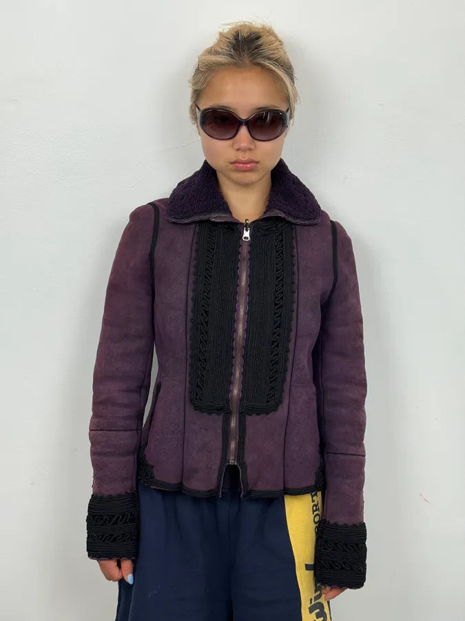 1990s Christian Lacroix Purple Shearling Embroidered Officer Jacket ktaslIX 2