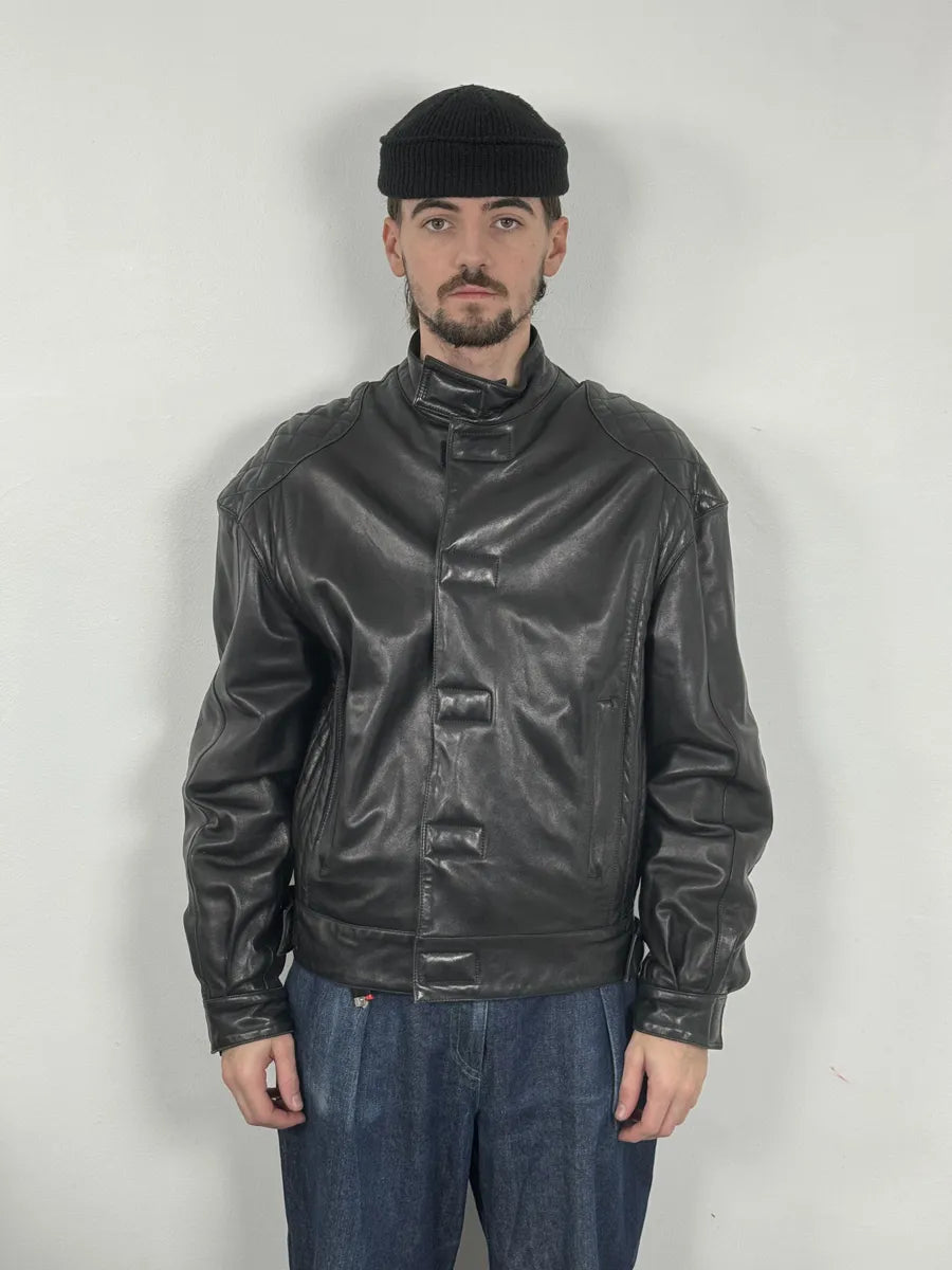 1990s Claude Montana Black Padded Biker Leather Jacket oAYwgQP 4
