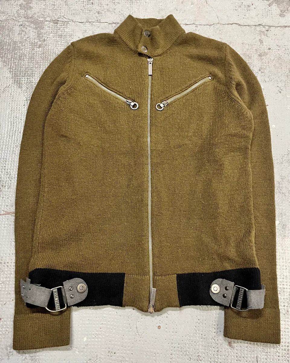 1990s Dirk Bikkembergs Khaki Green Wool Contrast Cuff Zip-up Cardigan ZJAkYky 0