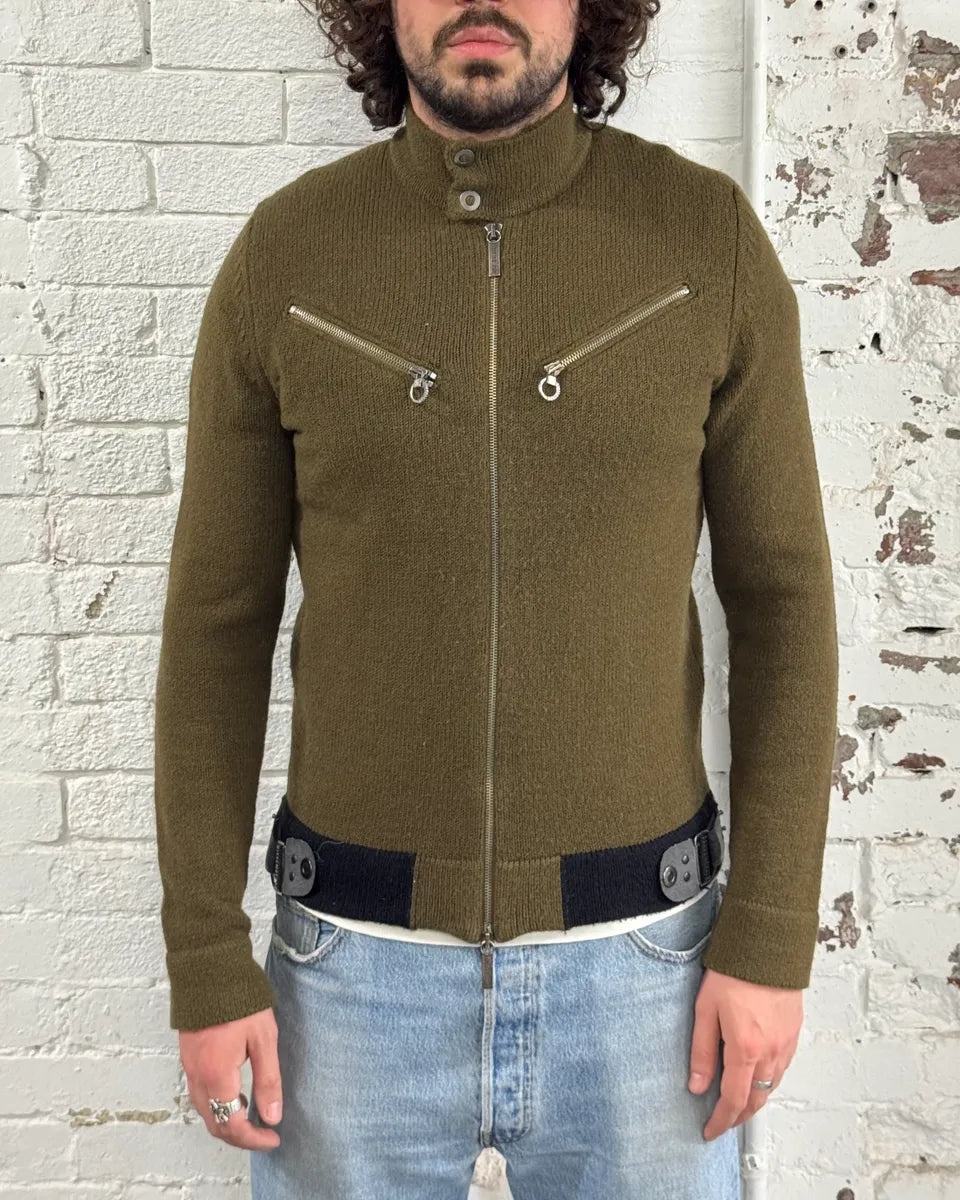 1990s Dirk Bikkembergs Khaki Green Wool Contrast Cuff Zip-up Cardigan ZJAkYky 1