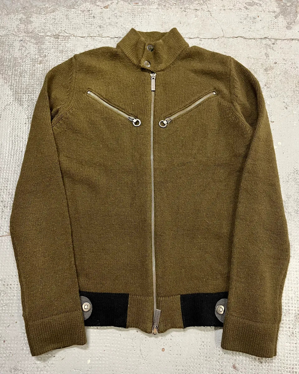 1990s Dirk Bikkembergs Khaki Green Wool Contrast Cuff Zip-up Cardigan ZJAkYky 3