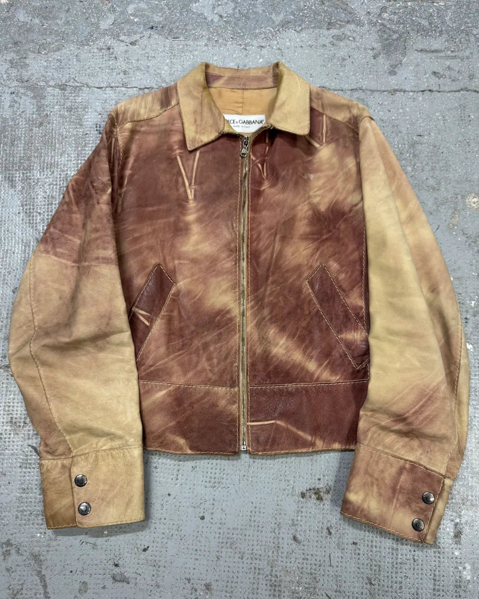 1990s Dolce & Gabbana Beige Burgundy Eroded Leather Jacket ieVDxDf 0