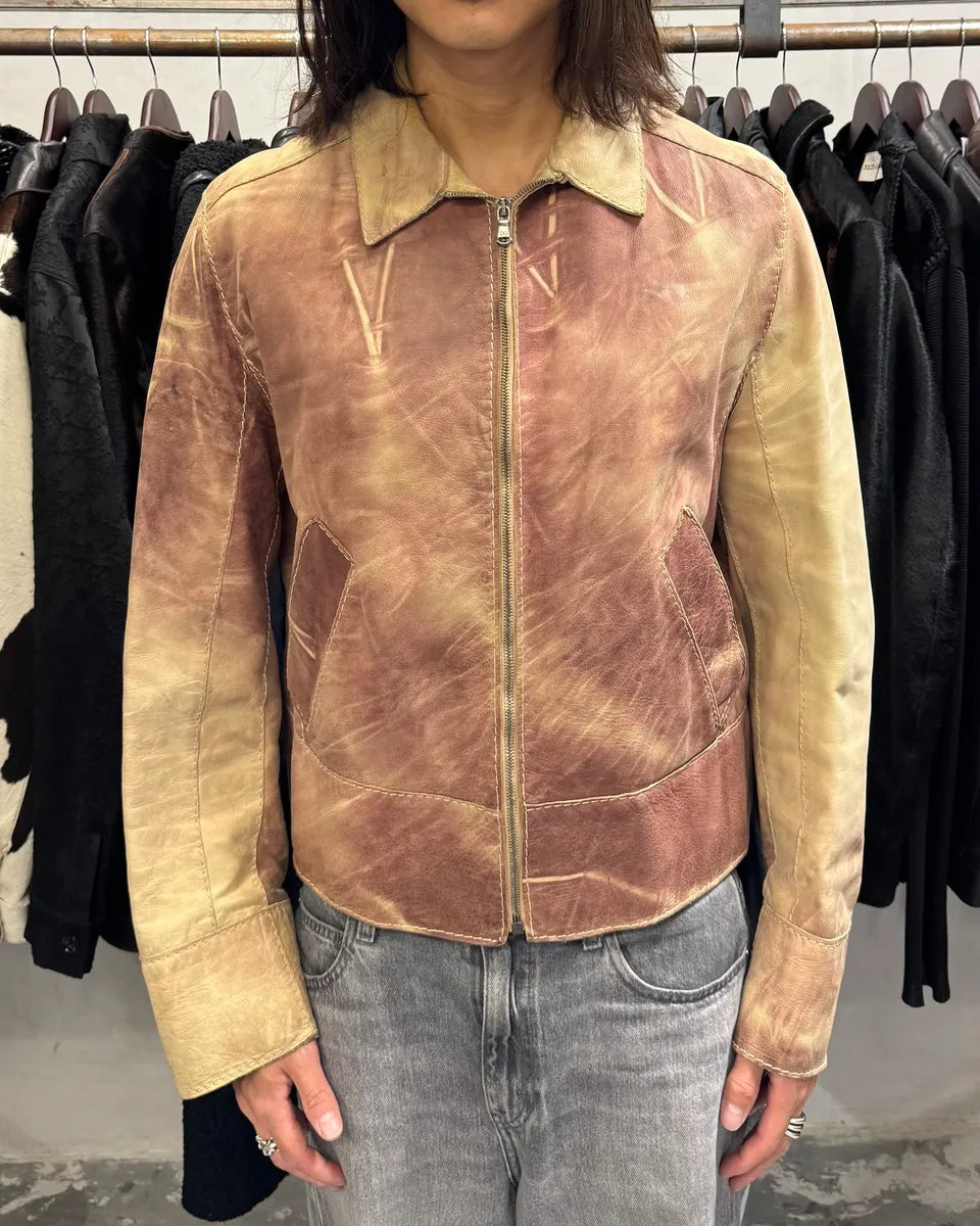 1990s Dolce & Gabbana Beige Burgundy Eroded Leather Jacket ieVDxDf 1