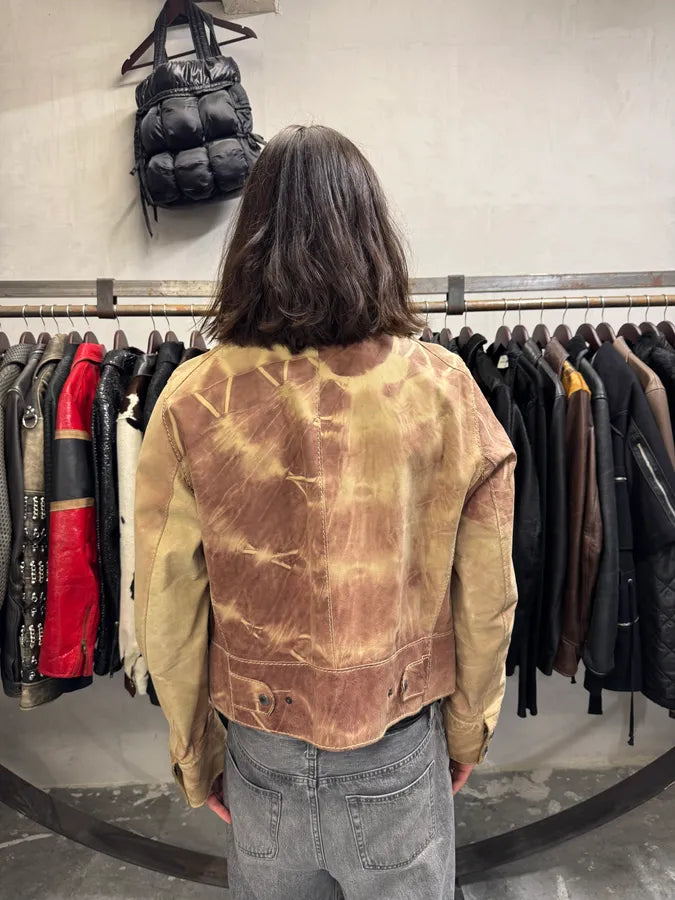 1990s Dolce & Gabbana Beige Burgundy Eroded Leather Jacket ieVDxDf 3