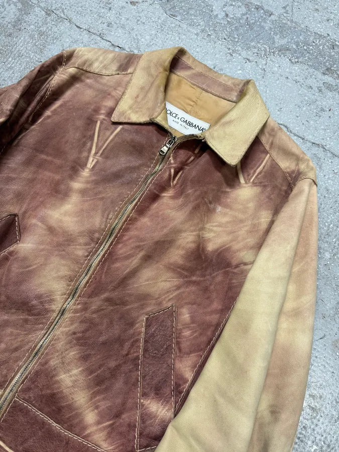 1990s Dolce & Gabbana Beige Burgundy Eroded Leather Jacket ieVDxDf 4