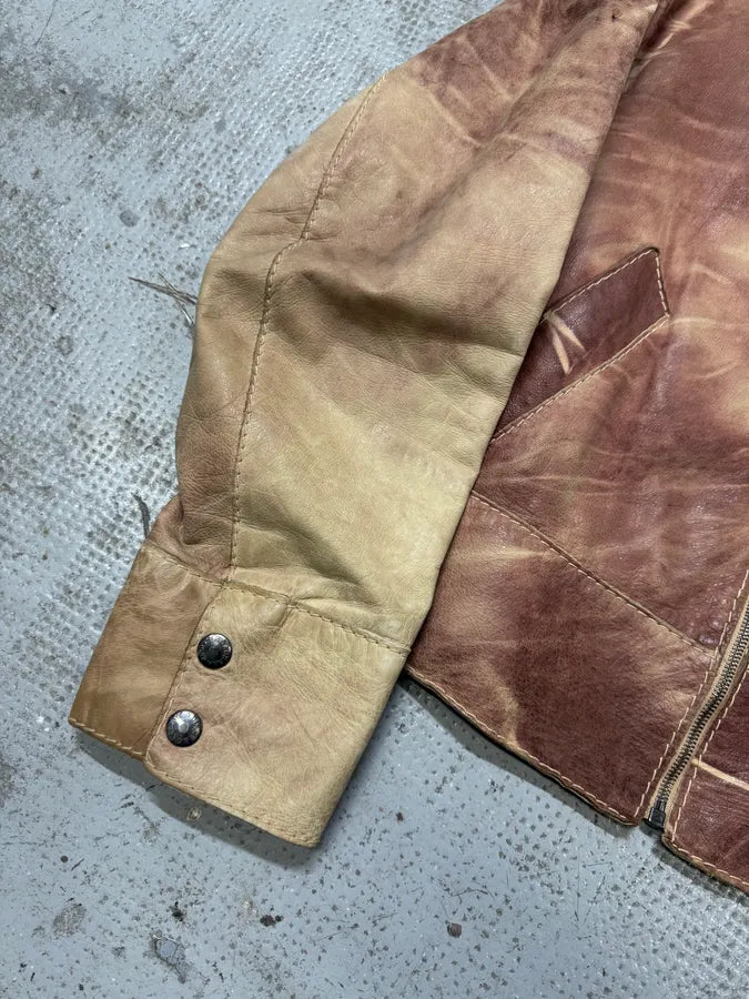 1990s Dolce & Gabbana Beige Burgundy Eroded Leather Jacket ieVDxDf 6