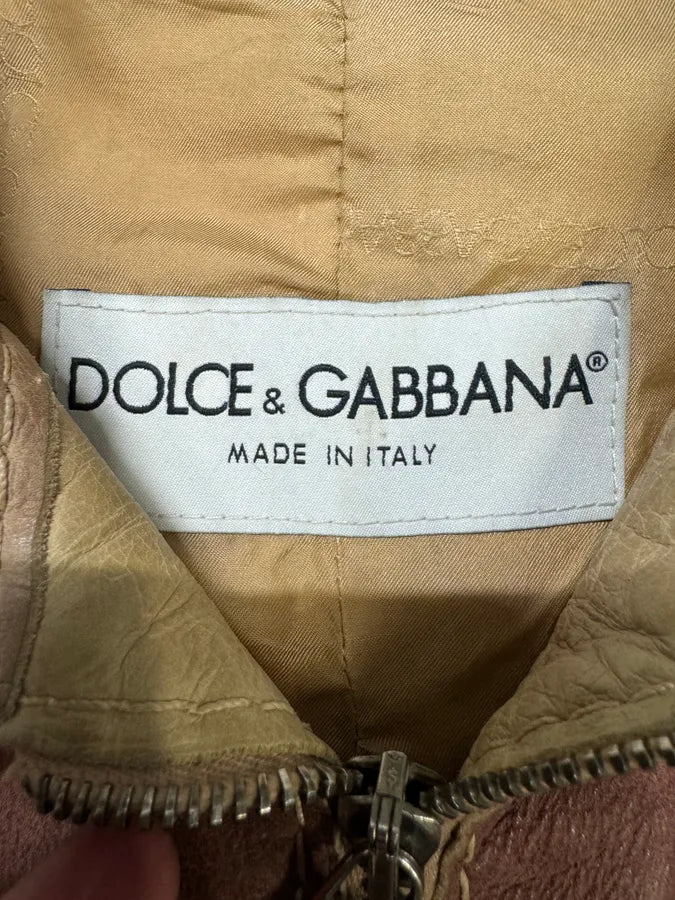 1990s Dolce & Gabbana Beige Burgundy Eroded Leather Jacket ieVDxDf 9