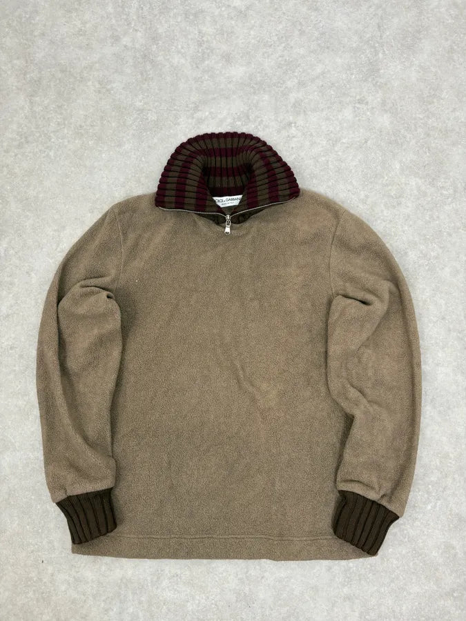 1990s Dolce & Gabbana Beige Fleece Striped Collar Sweater hgKiRHs 0