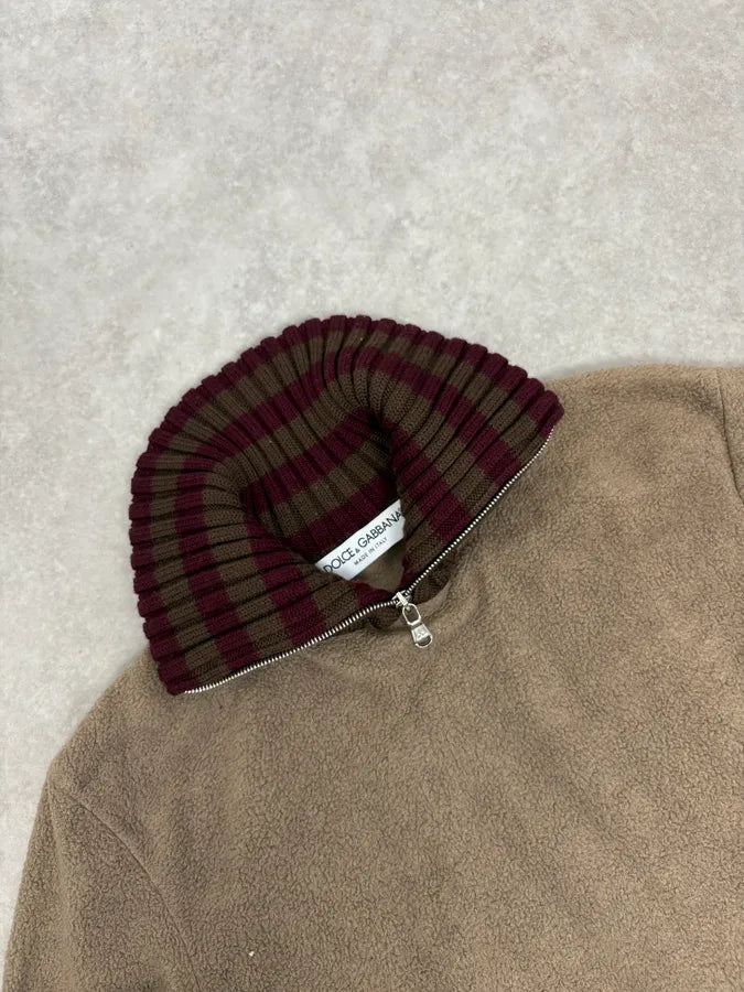 1990s Dolce & Gabbana Beige Fleece Striped Collar Sweater hgKiRHs 4