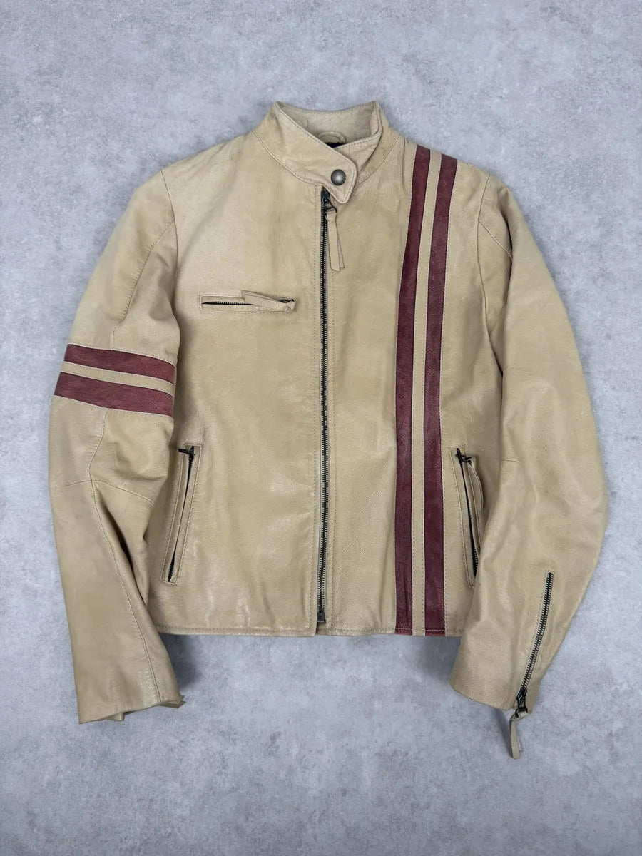 1990s Dolce & Gabbana Beige Racing Leather Biker Jacket TiToGGp 0