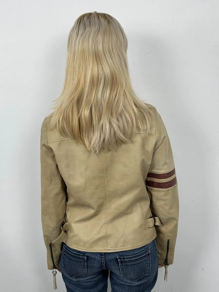 1990s Dolce & Gabbana Beige Racing Leather Biker Jacket TiToGGp 2