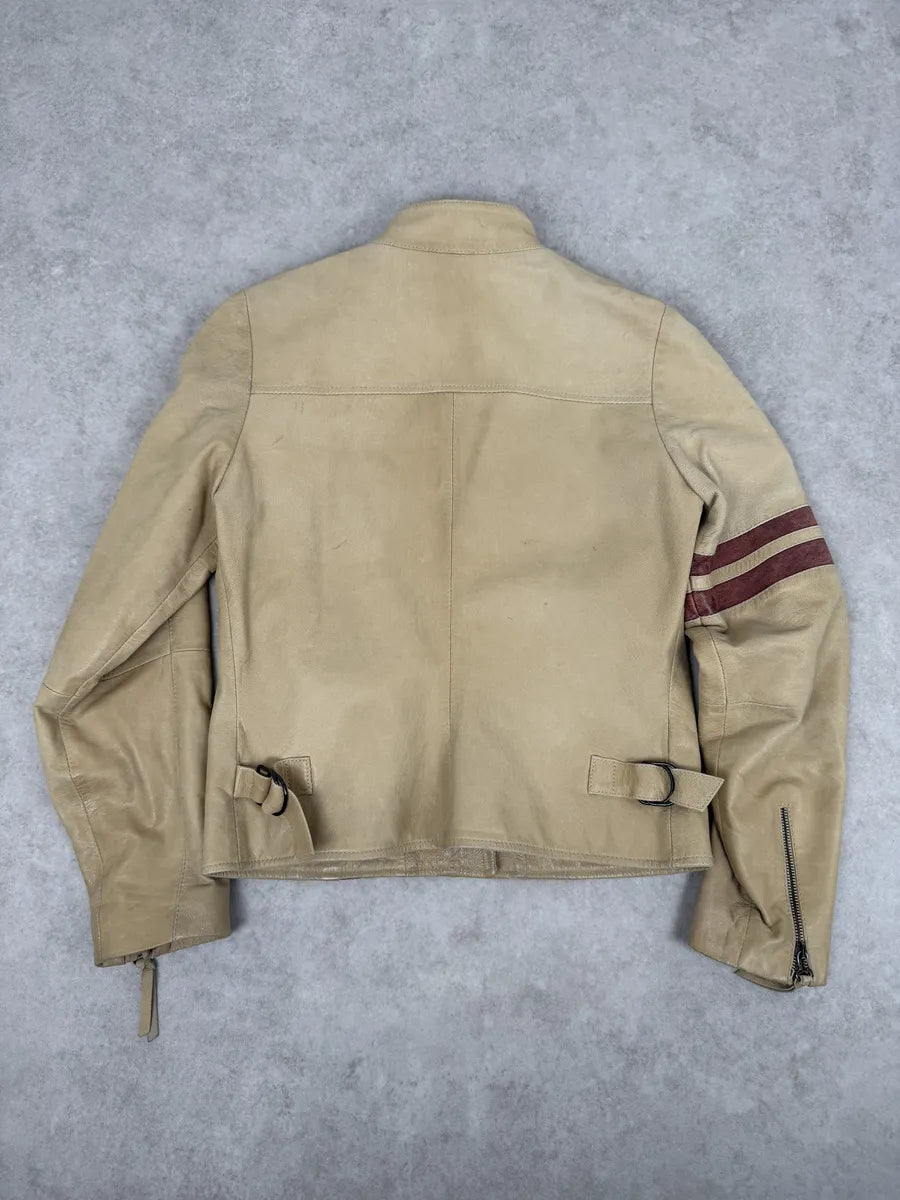 1990s Dolce & Gabbana Beige Racing Leather Biker Jacket TiToGGp 3