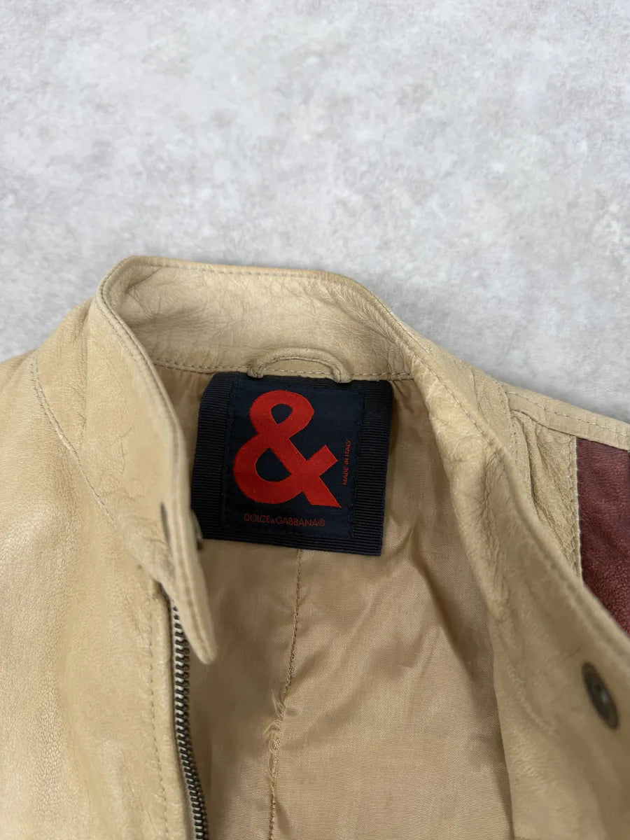 1990s Dolce & Gabbana Beige Racing Leather Biker Jacket TiToGGp 7