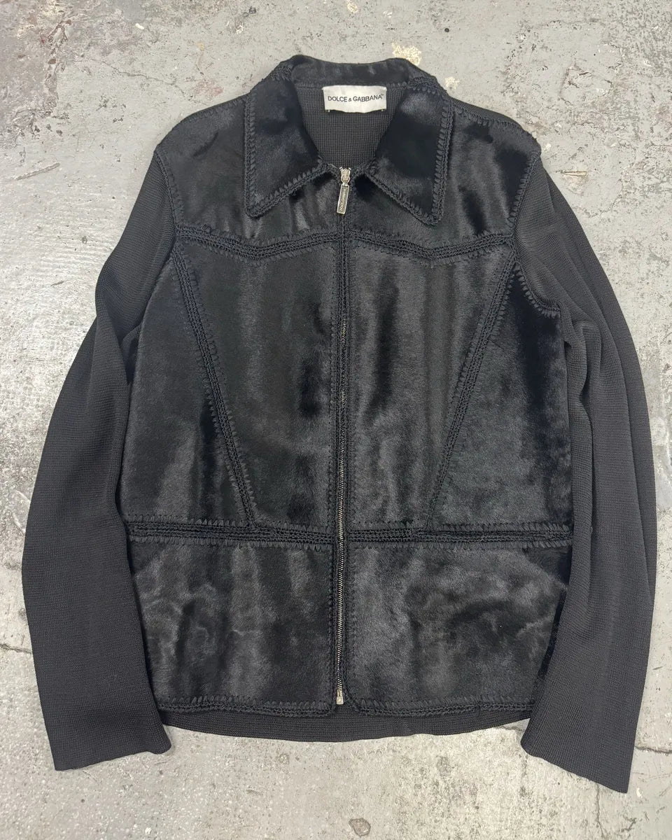 1990s Dolce & Gabbana Black Hybrid Pony Hair Leather Jacket (L) 0