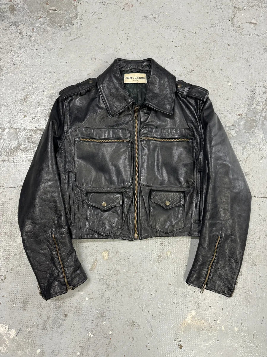 1990s Dolce & Gabbana Cropped Black Leather Premium Jacket NyJqjfT 0
