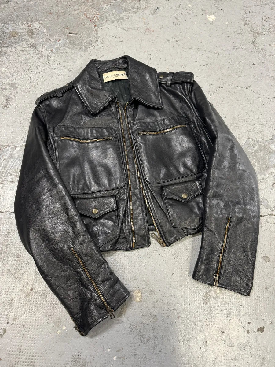 1990s Dolce & Gabbana Cropped Black Leather Premium Jacket NyJqjfT 4