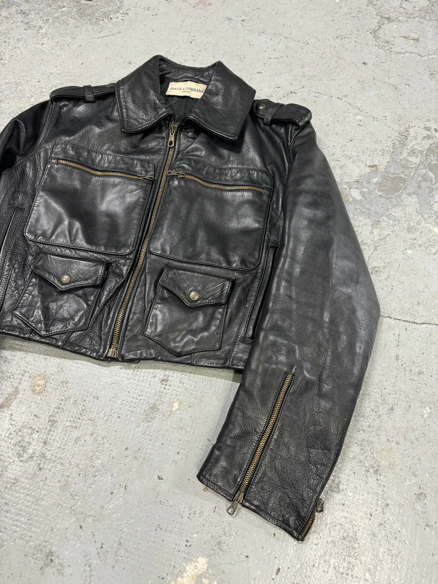 1990s Dolce & Gabbana Cropped Black Leather Premium Jacket NyJqjfT 10