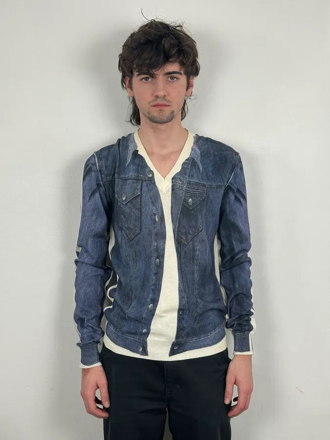 SS2010 Dolce & Gabbana Blue Denim Trompe-loeil V Neck Sweater dxkZsTZ 1