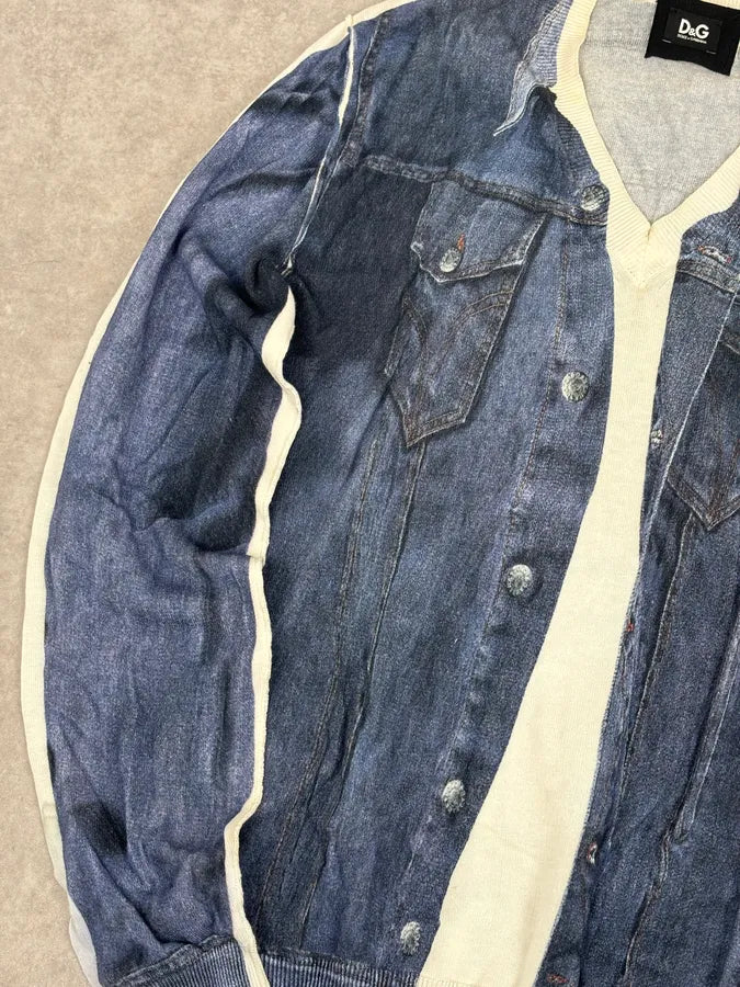 SS2010 Dolce & Gabbana Blue Denim Trompe-loeil V Neck Sweater dxkZsTZ 6