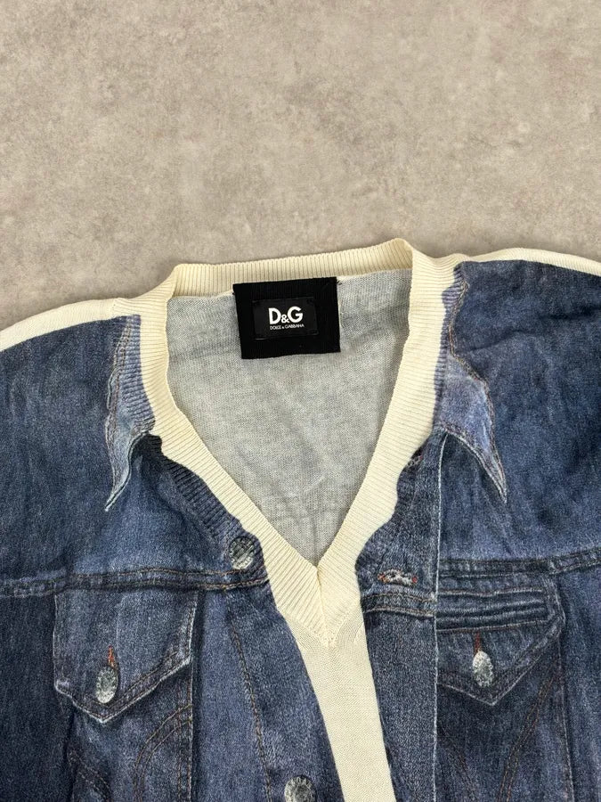 SS2010 Dolce & Gabbana Blue Denim Trompe-loeil V Neck Sweater dxkZsTZ 3