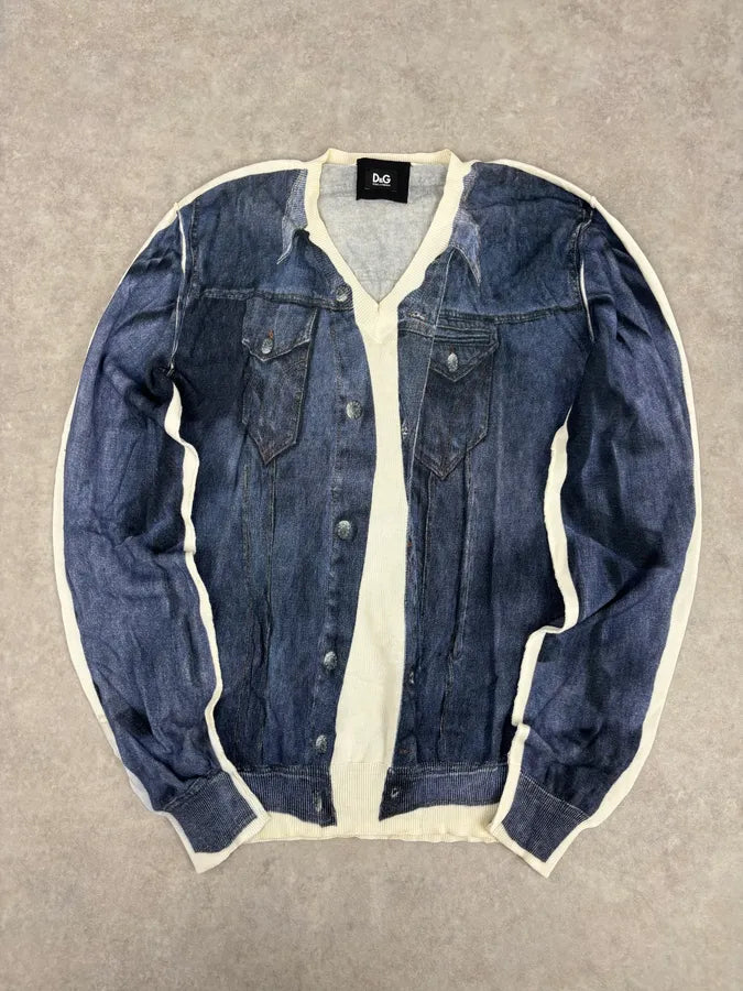 SS2010 Dolce & Gabbana Blue Denim Trompe-loeil V Neck Sweater dxkZsTZ 0