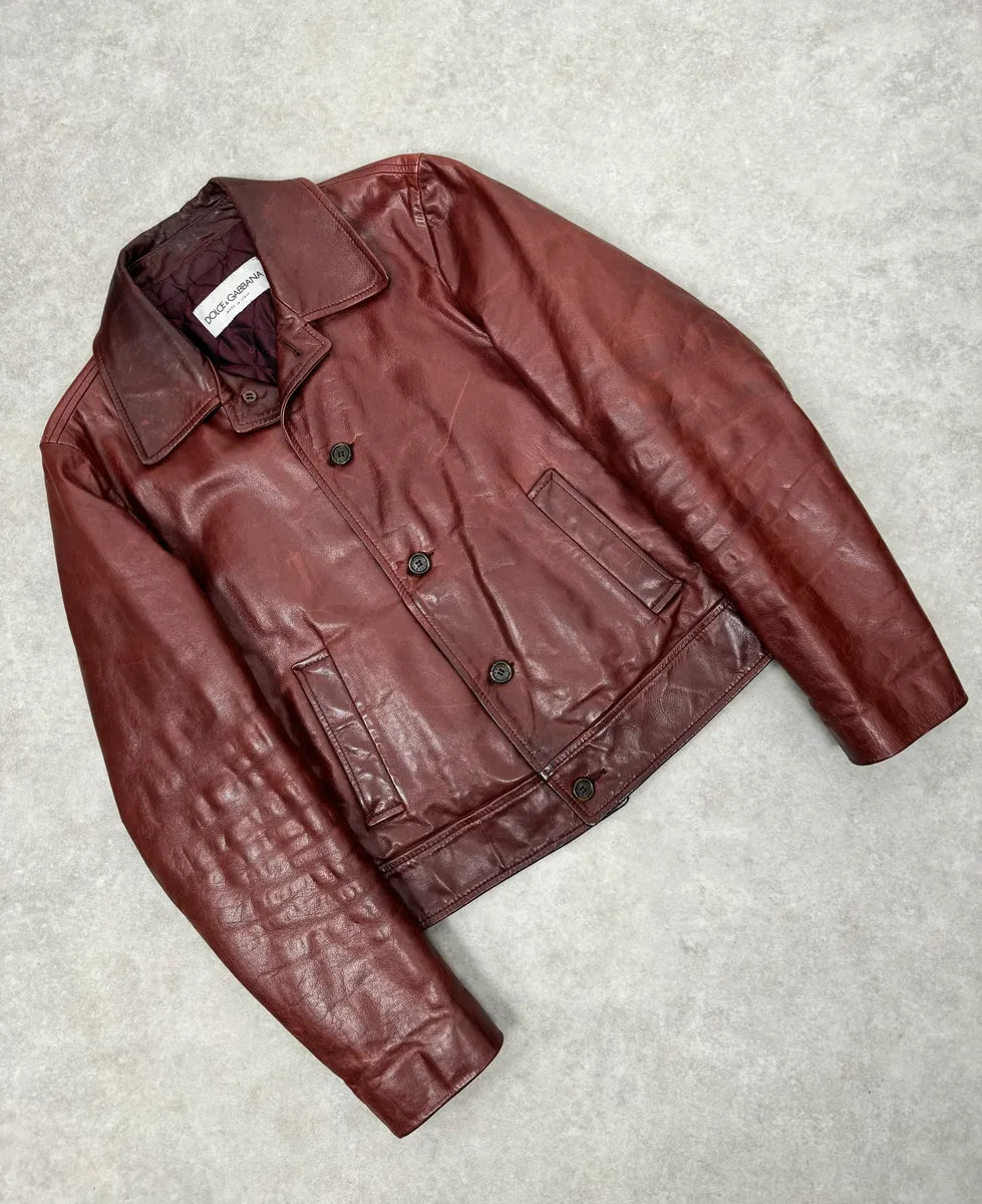 1990s Dolce & Gabbana Bordeaux Red Leather Buttoned Jacket CYQFbiO 4