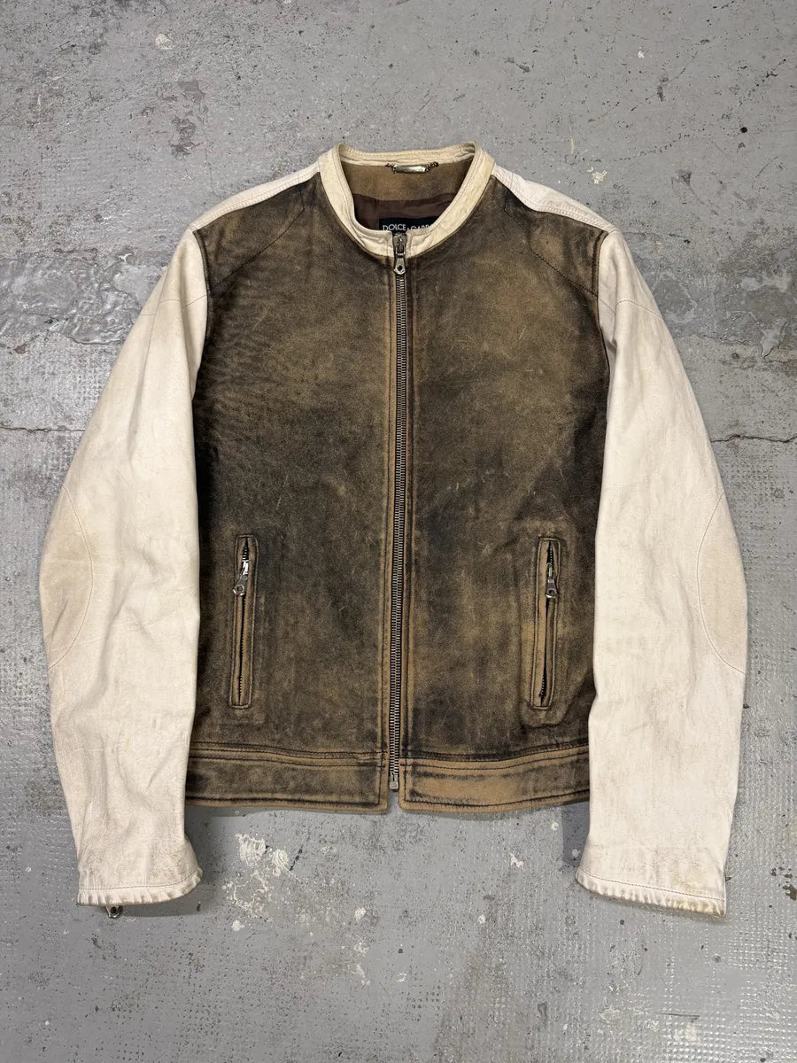 1990s Dolce & Gabbana Brown & White Leather Biker Jacket ogGTnJh 0