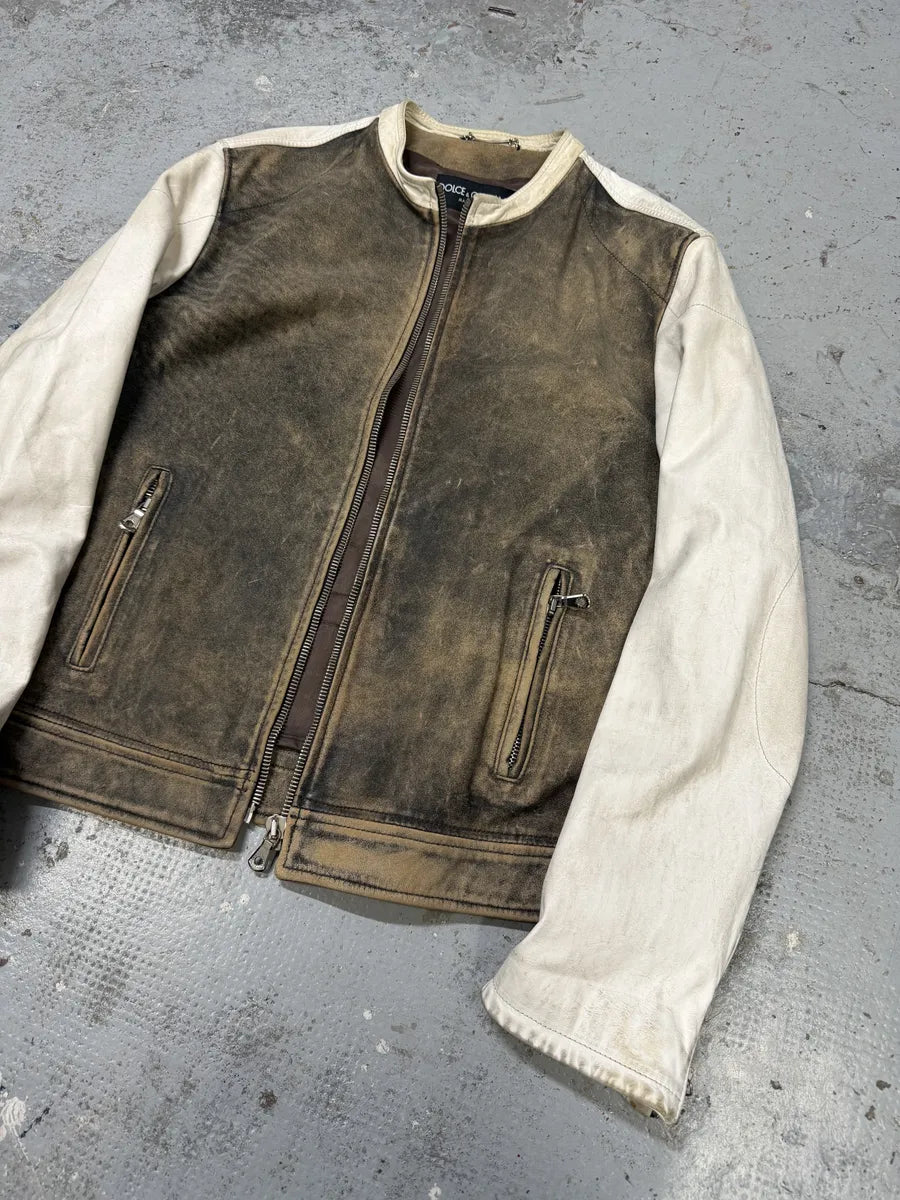 1990s Dolce & Gabbana Brown & White Leather Biker Jacket ogGTnJh 2