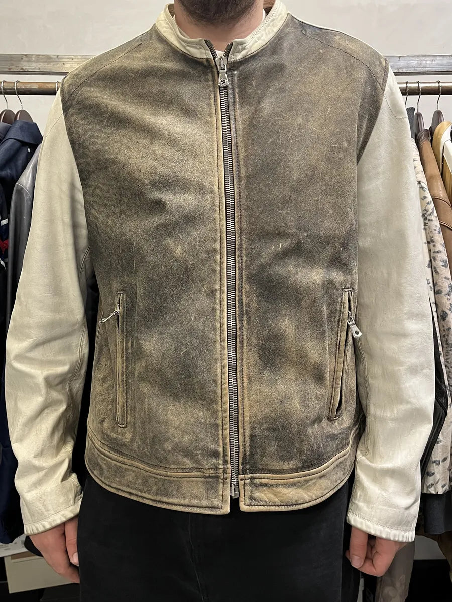 1990s Dolce & Gabbana Brown & White Leather Biker Jacket ogGTnJh 3
