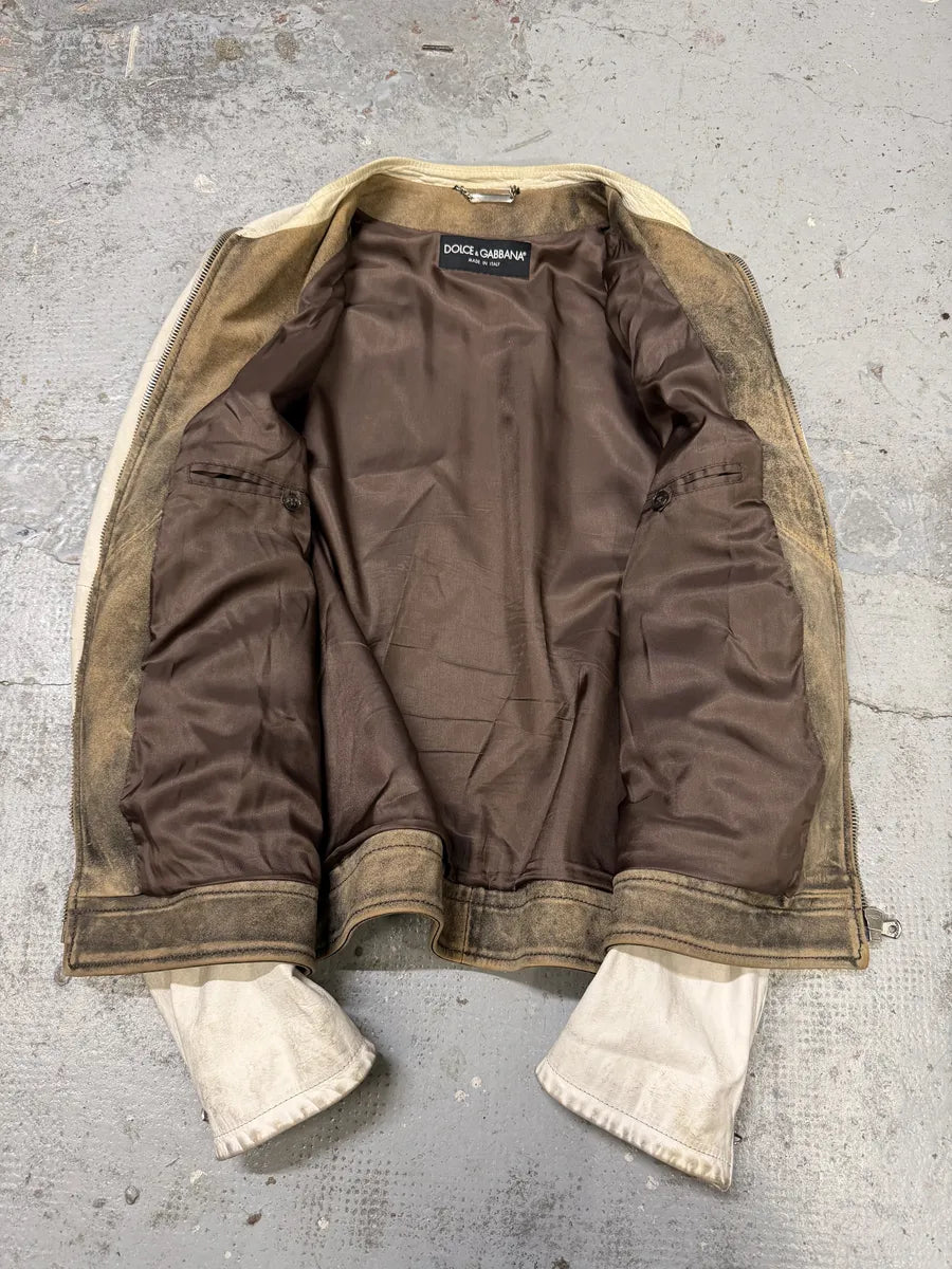 1990s Dolce & Gabbana Brown & White Leather Biker Jacket ogGTnJh 4
