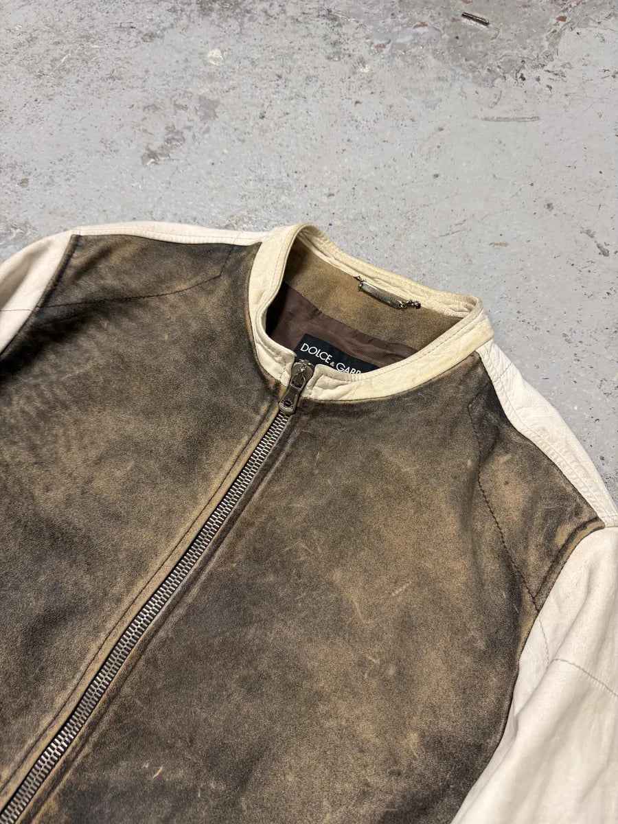 1990s Dolce & Gabbana Brown & White Leather Biker Jacket ogGTnJh 8