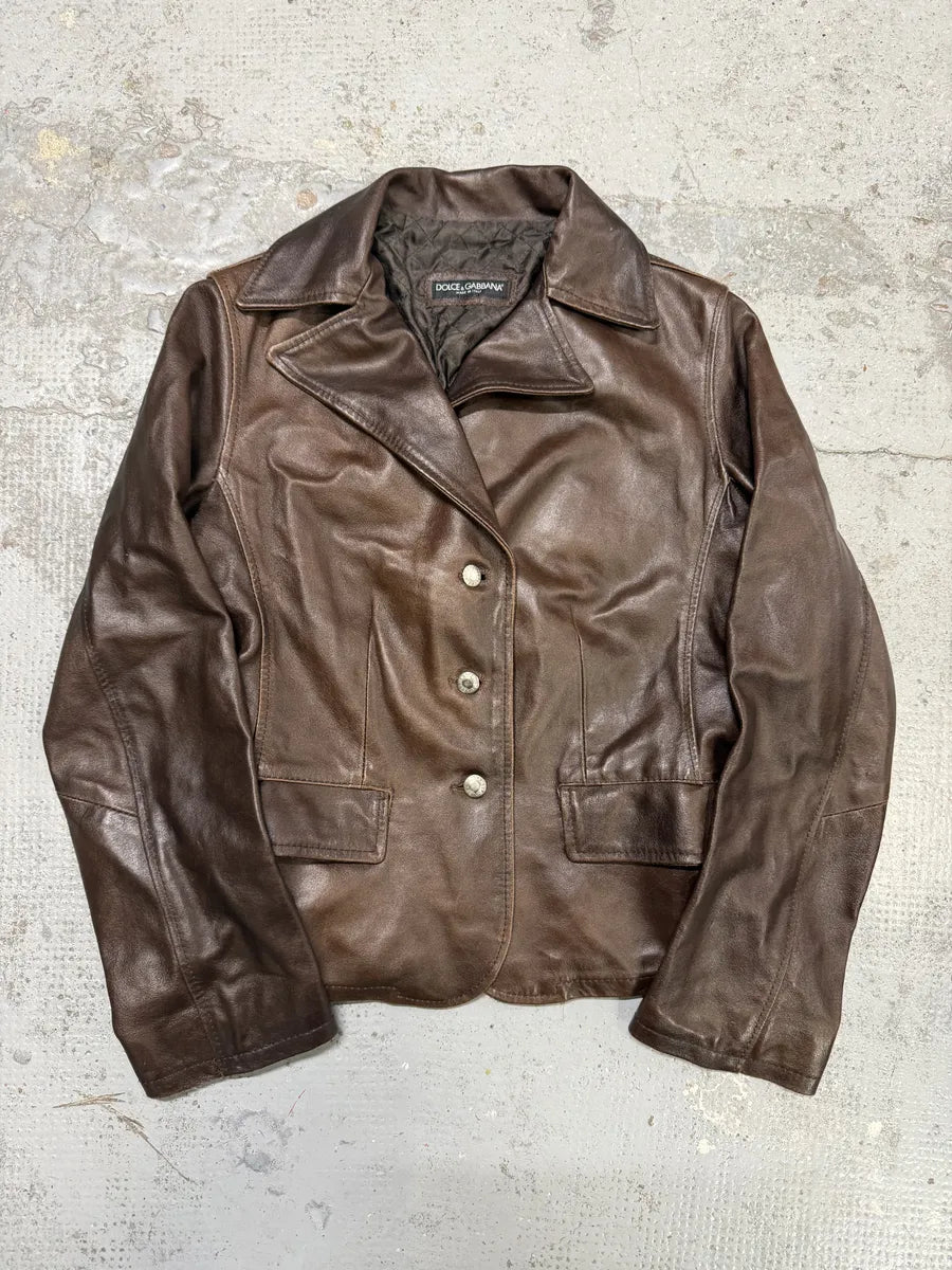 1990s Dolce & Gabbana Brown Leather Blazer Jacket SFRMuya 0