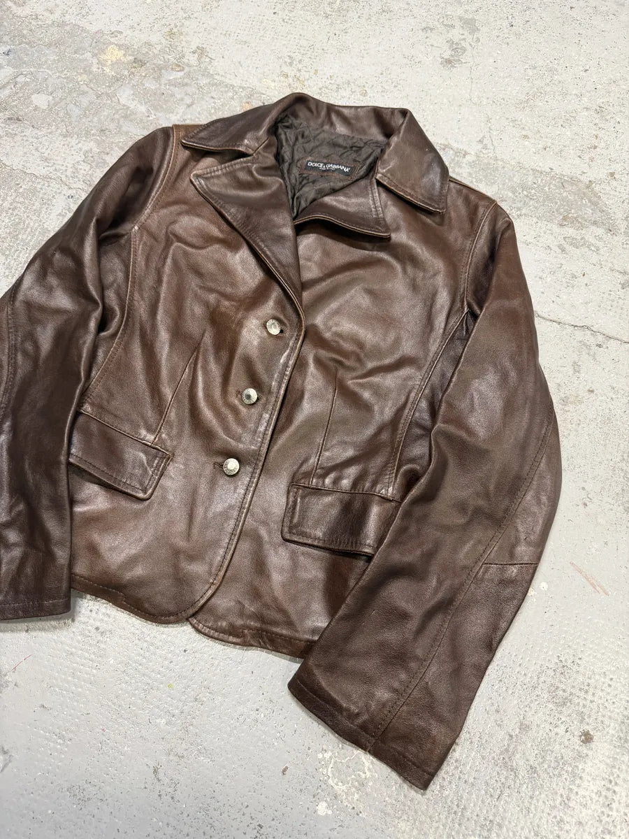 1990s Dolce & Gabbana Brown Leather Blazer Jacket SFRMuya 1