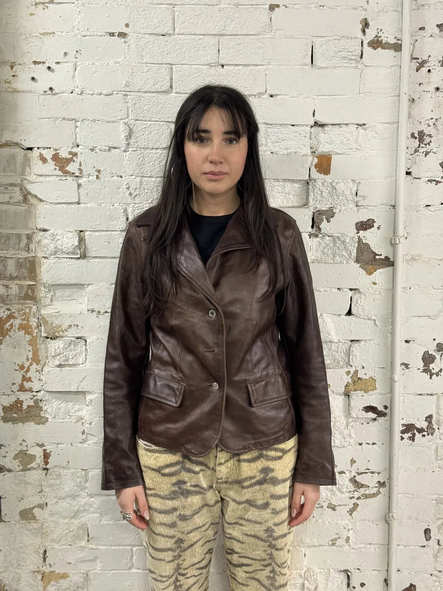 1990s Dolce & Gabbana Brown Leather Blazer Jacket SFRMuya 3