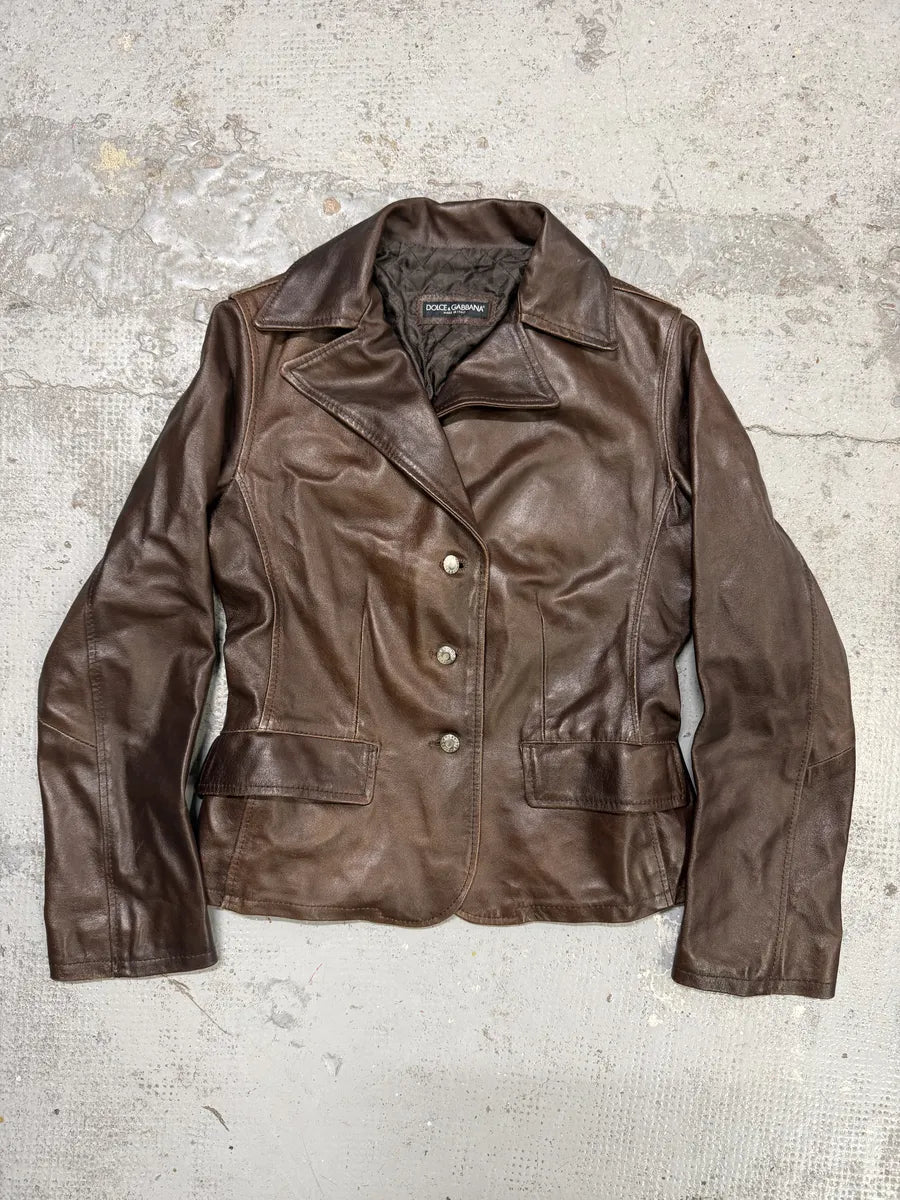 1990s Dolce & Gabbana Brown Leather Blazer Jacket SFRMuya 5