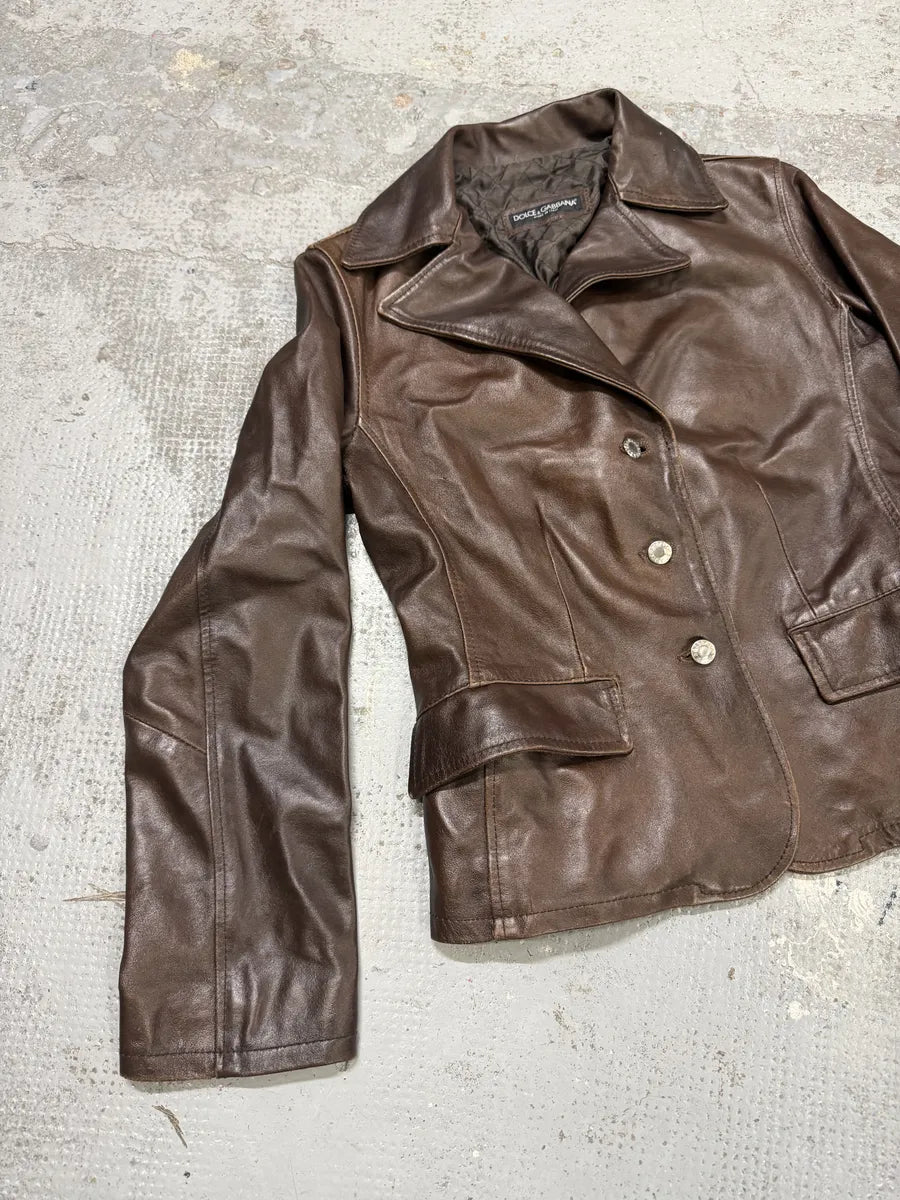 1990s Dolce & Gabbana Brown Leather Blazer Jacket SFRMuya 6