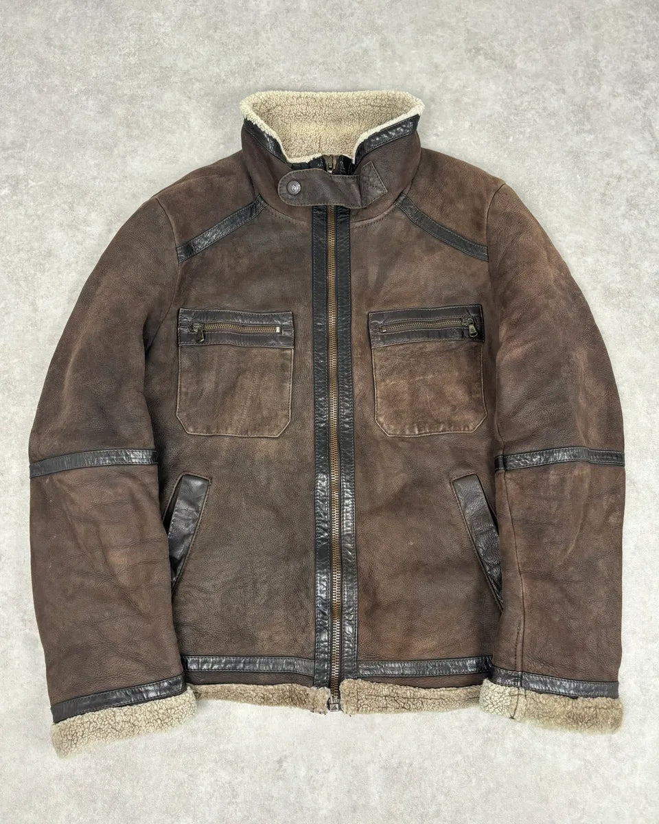 1990s Dolce & Gabbana Brown Shearling Leather Jacket qkpKJgV 0