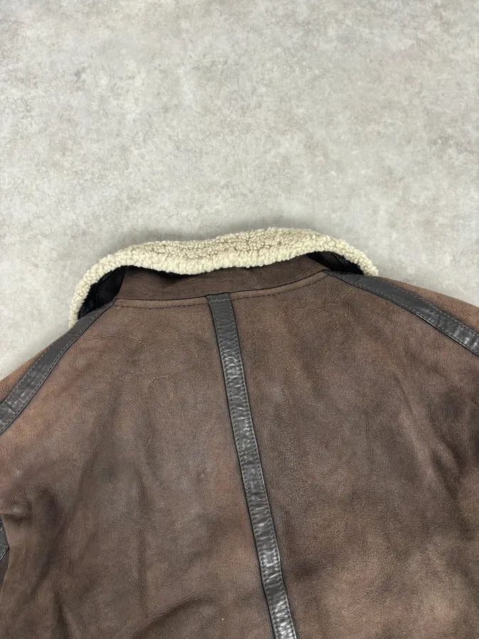 1990s Dolce & Gabbana Brown Shearling Leather Jacket qkpKJgV 5
