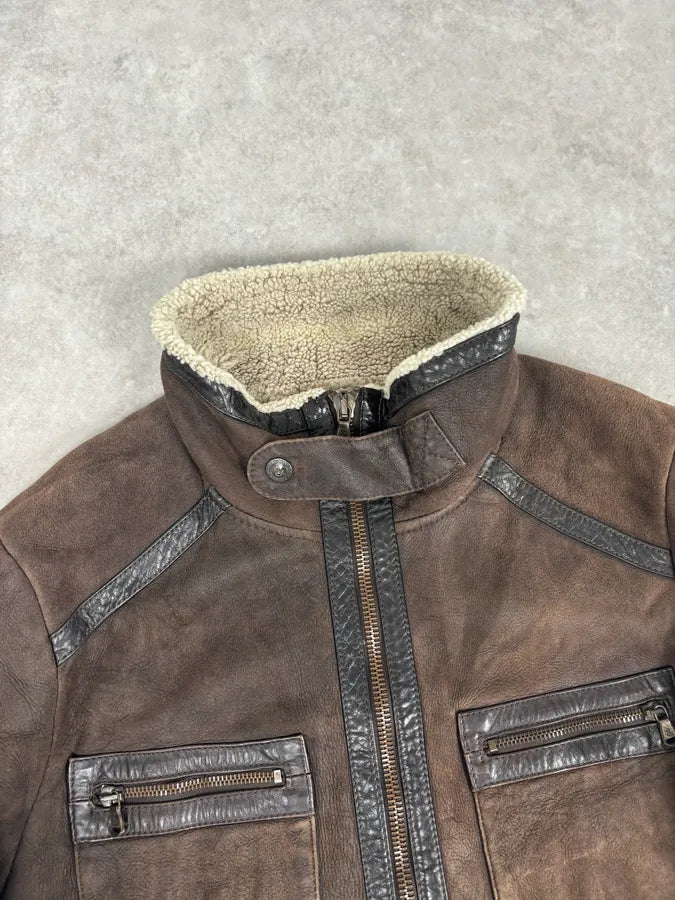 1990s Dolce & Gabbana Brown Shearling Leather Jacket qkpKJgV 3