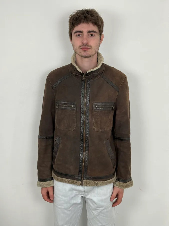 1990s Dolce & Gabbana Brown Shearling Leather Jacket qkpKJgV 1