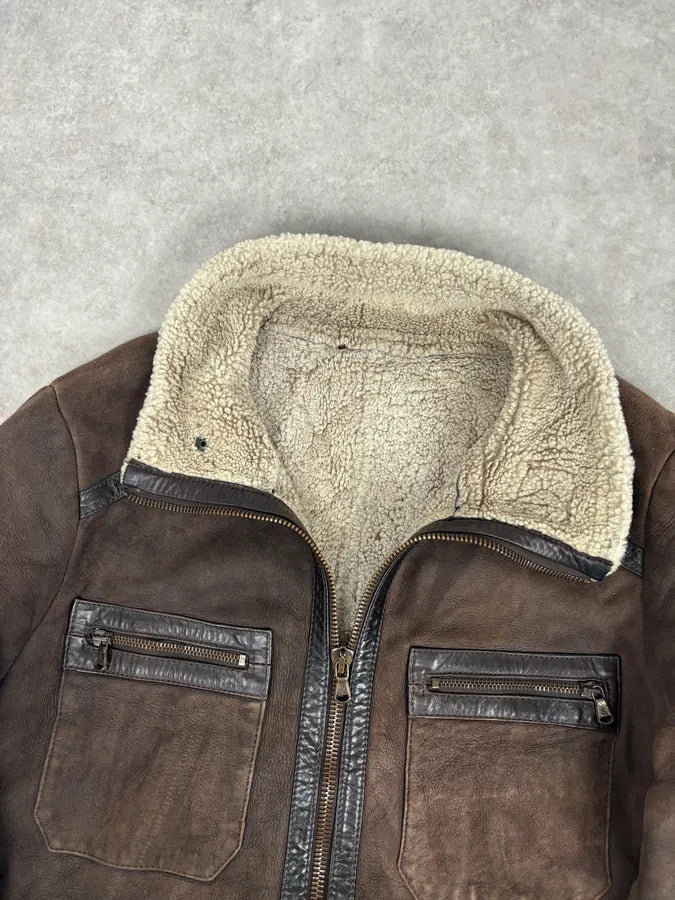 1990s Dolce & Gabbana Brown Shearling Leather Jacket qkpKJgV 8