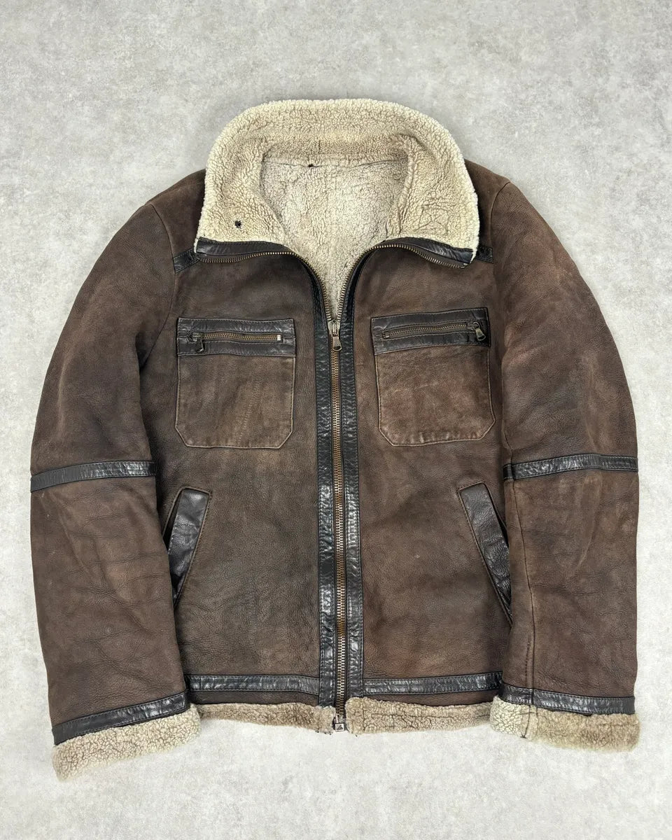 1990s Dolce & Gabbana Brown Shearling Leather Jacket qkpKJgV 7