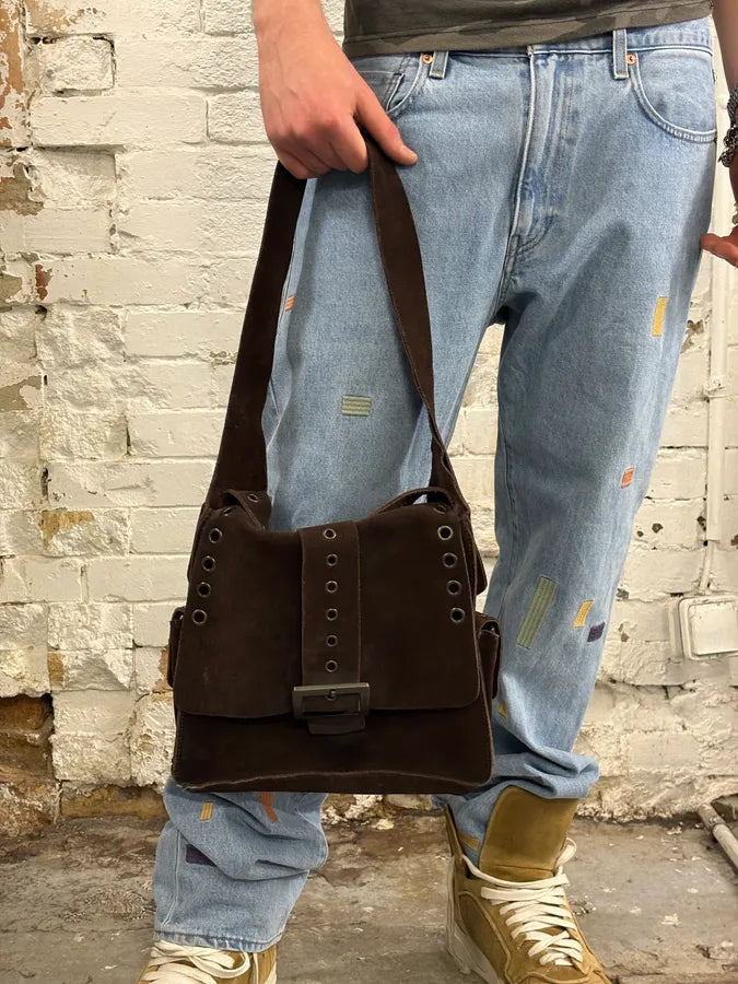 SS2002 Dolce & Gabbana Brown Suede Messenger Eyelet Bag YcLBzIj 2