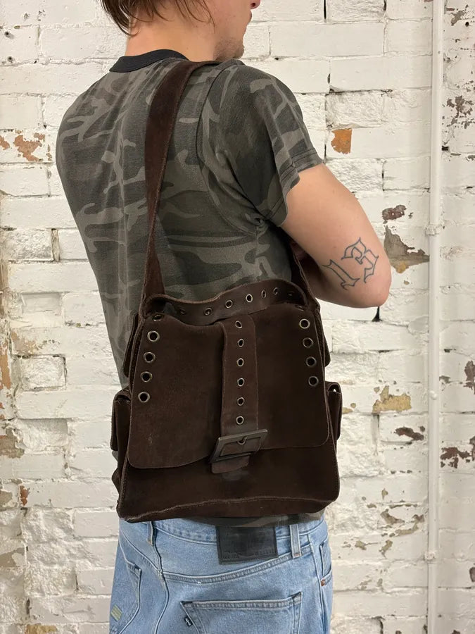 SS2002 Dolce & Gabbana Brown Suede Messenger Eyelet Bag YcLBzIj 1
