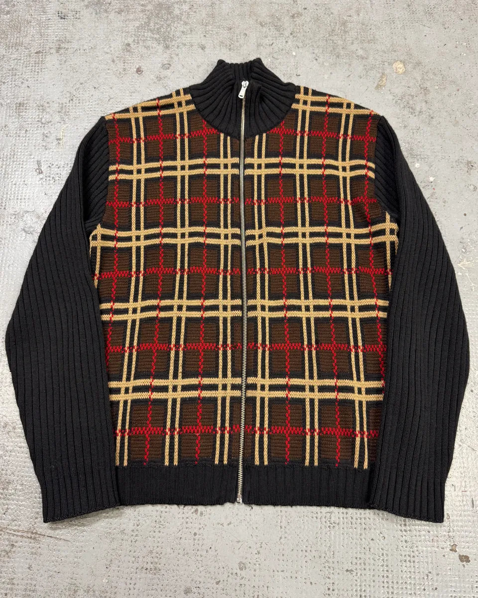 1990s Dolce & Gabbana Checkered Brown Wool Zip-up Sweater LRpHpvp 0