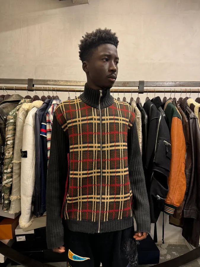 1990s Dolce & Gabbana Checkered Brown Wool Zip-up Sweater LRpHpvp 1