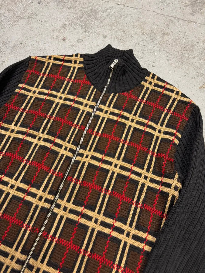 1990s Dolce & Gabbana Checkered Brown Wool Zip-up Sweater LRpHpvp 3